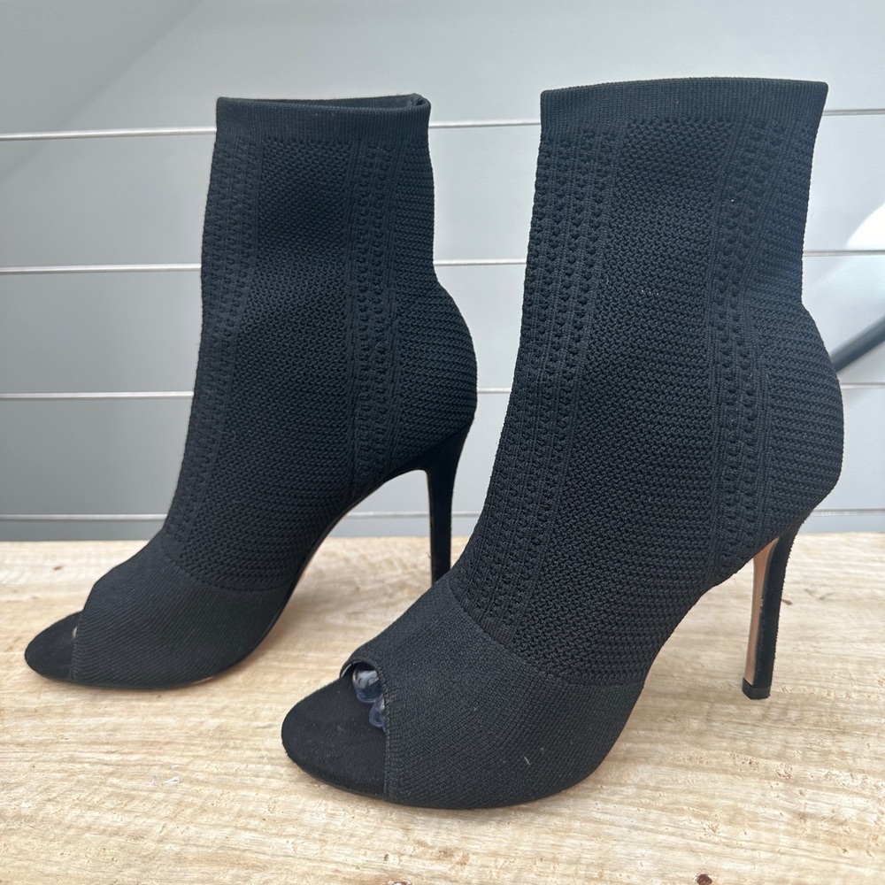 Nicole Miller Black Knit Peep Toe Sock Booties Stiletto Heel | Size 9 - Picture 4 of 7
